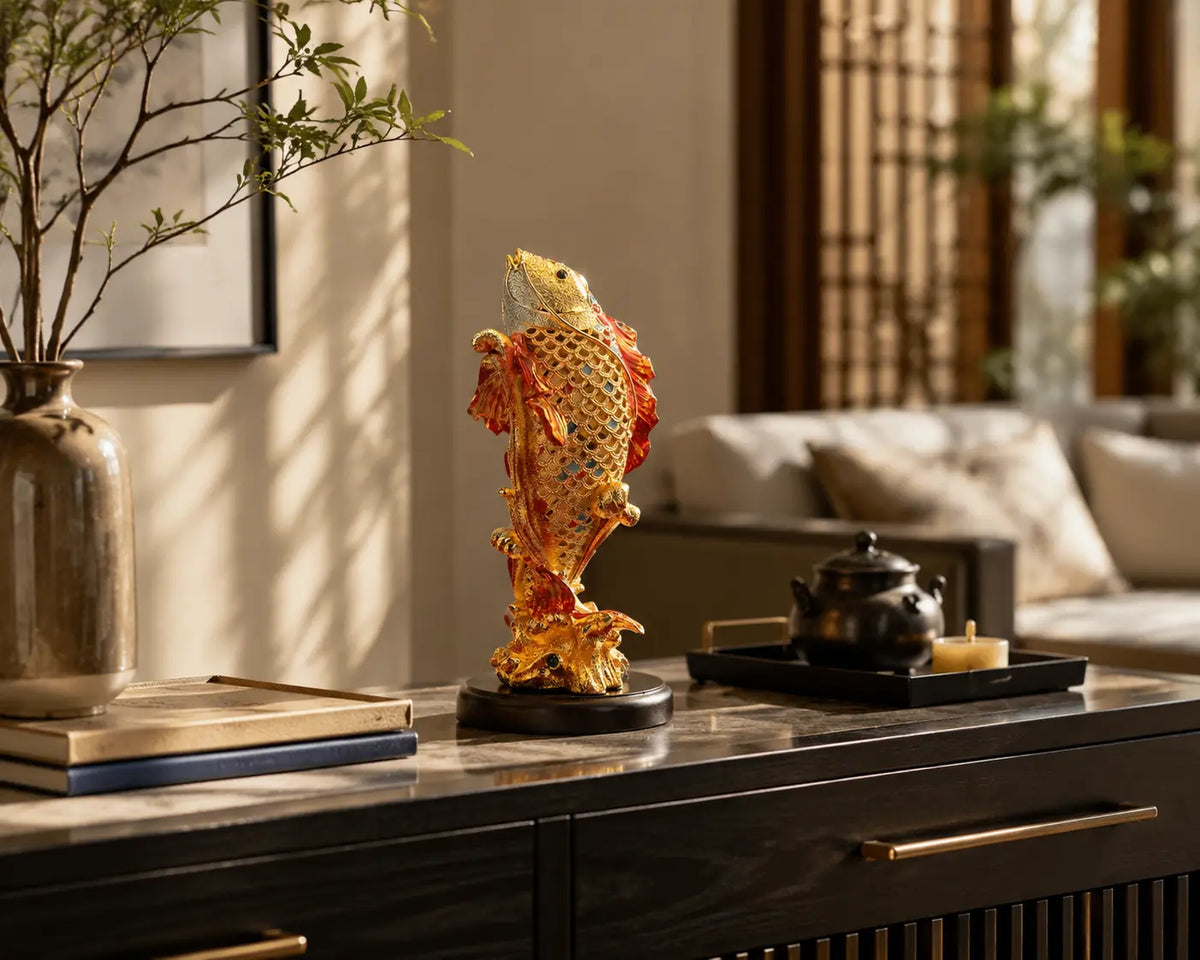 Koi Dragon Gate cloisonné enamel sculpture displayed in an elegant modern interior