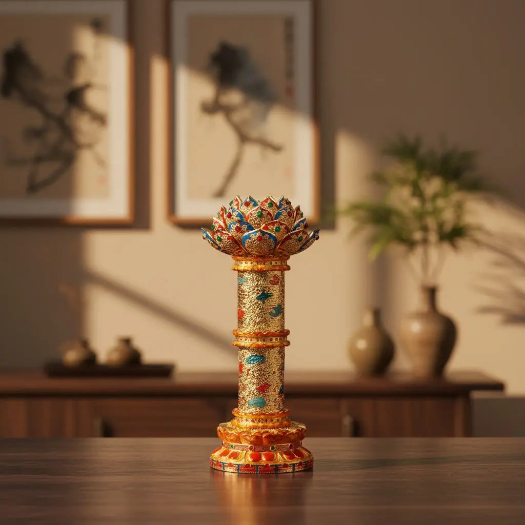 Auspicious Cloud Lotus Lamp in living room corner, Chinese cultural gift and altar decor
