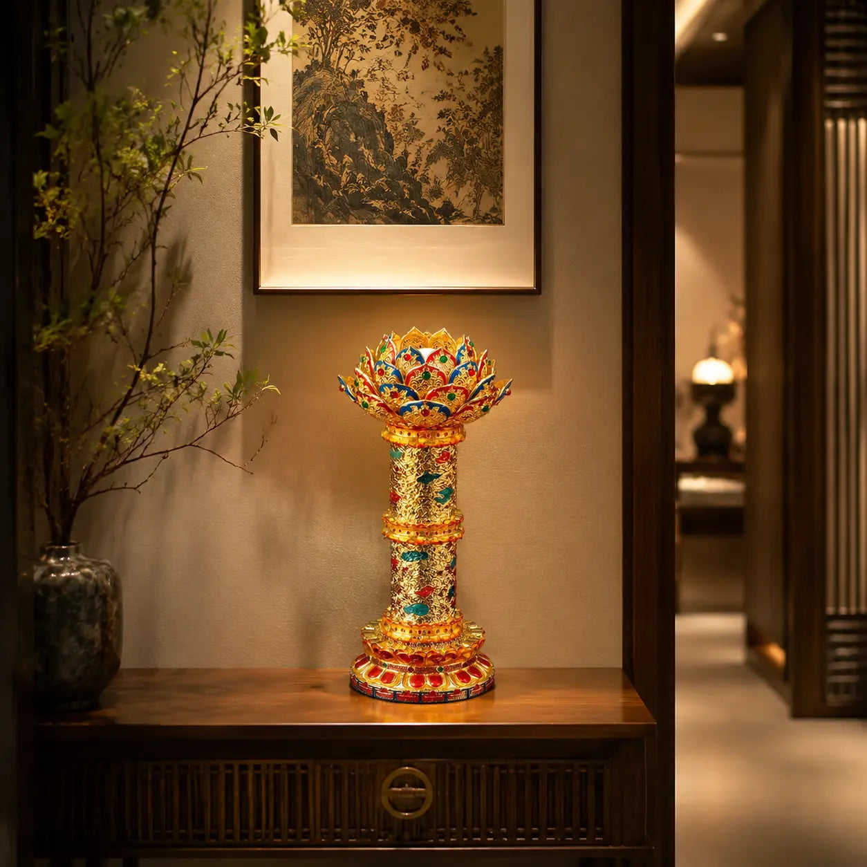 Auspicious Cloud Lotus Lamp displayed in entryway, Chinese home decor accent piece
