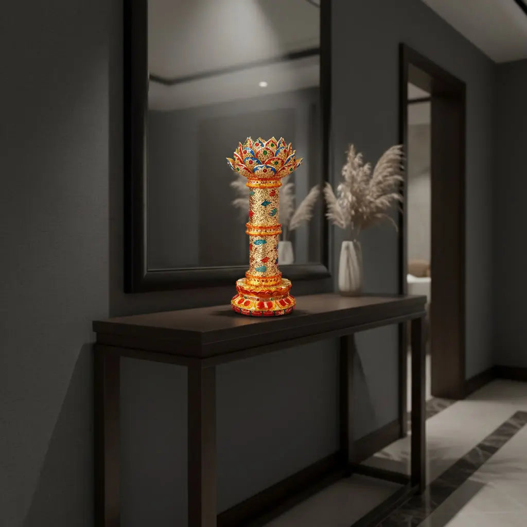Cloisonne lotus lamp pair on console table, elegant Chinese decorative lamp for home
