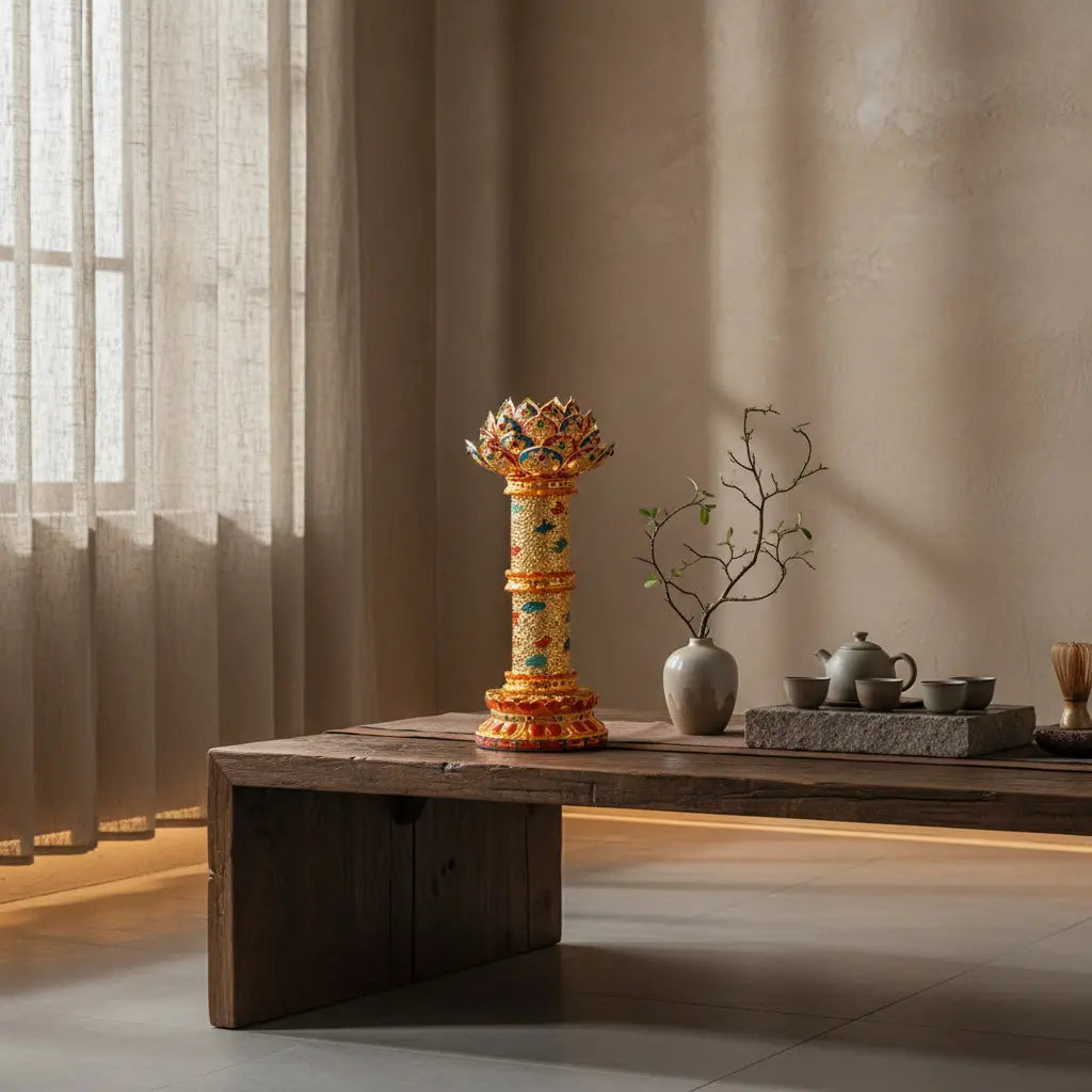 Gold lotus lamp pair styled on wooden table, traditional Chinese cloisonne home decor

