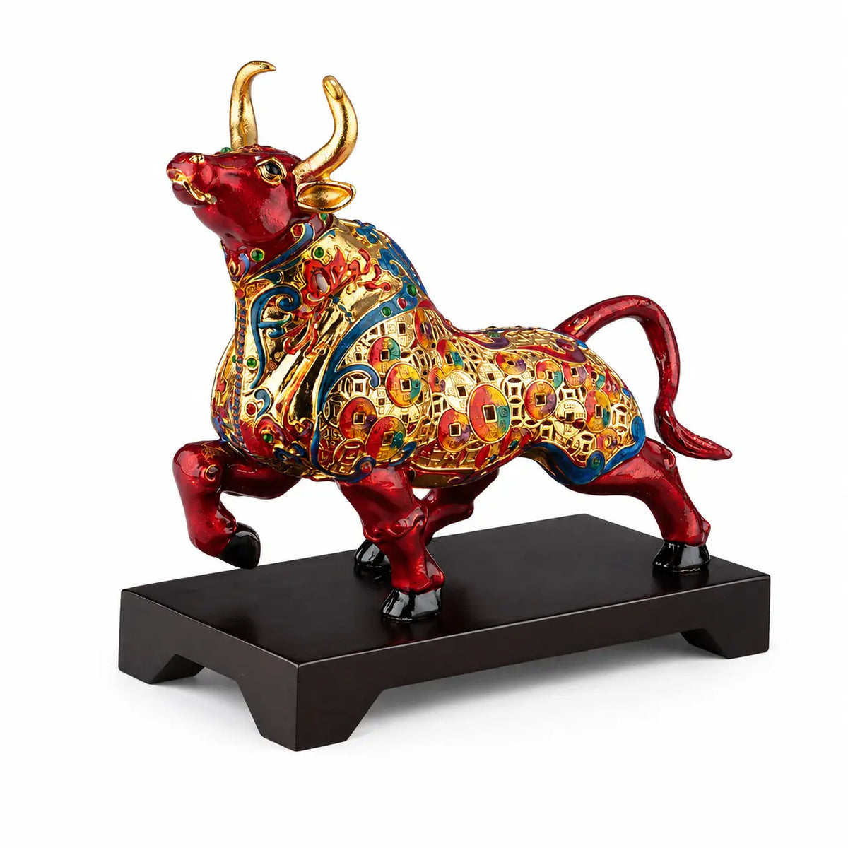 Red and gold Chinese Zodiac Ox sculpture with colorful cloisonné enamel on a dark display base