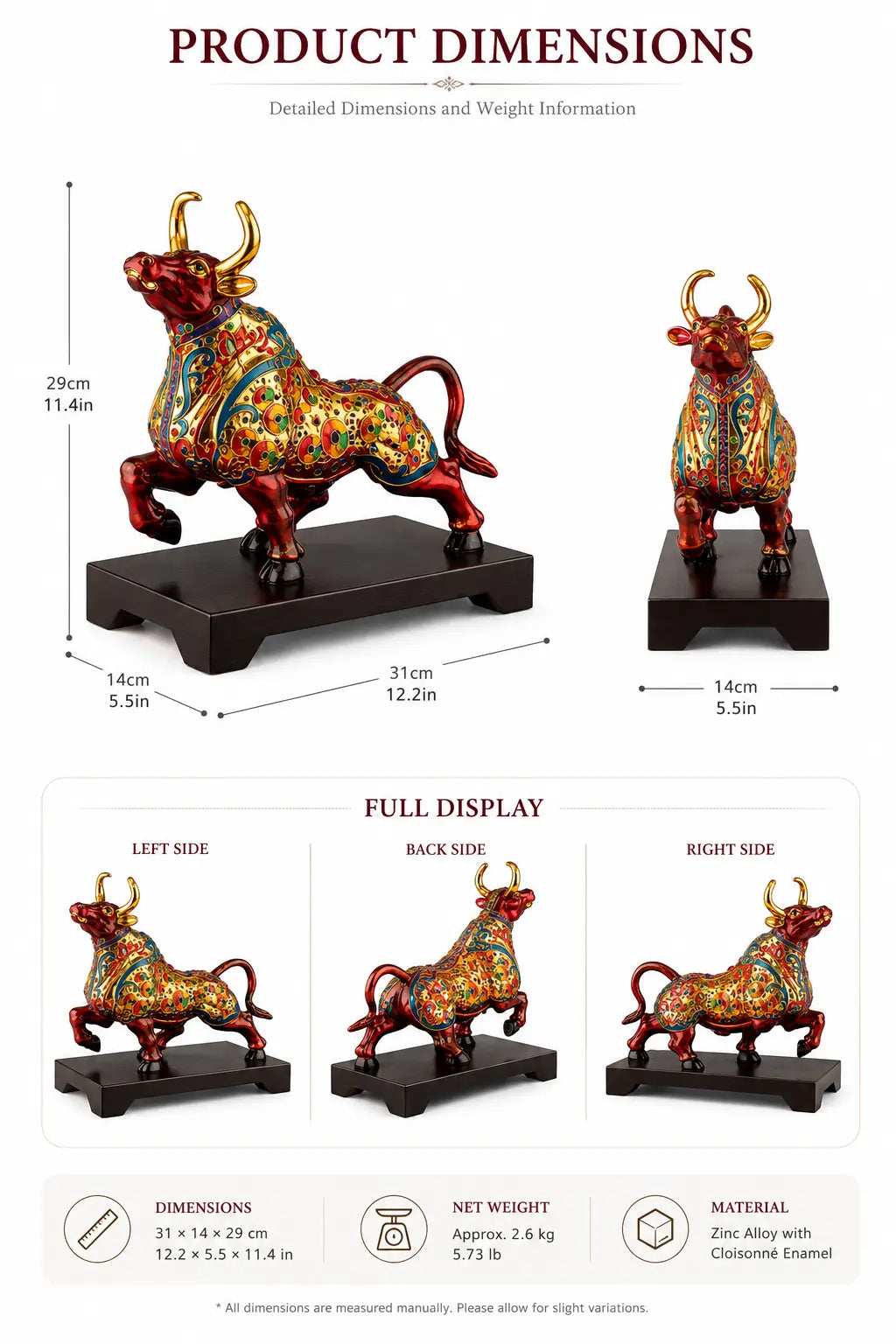 Chinese Zodiac Ox sculpture measuring 31 by 14 by 29 centimeters and weighing approximately 2.6 kilograms