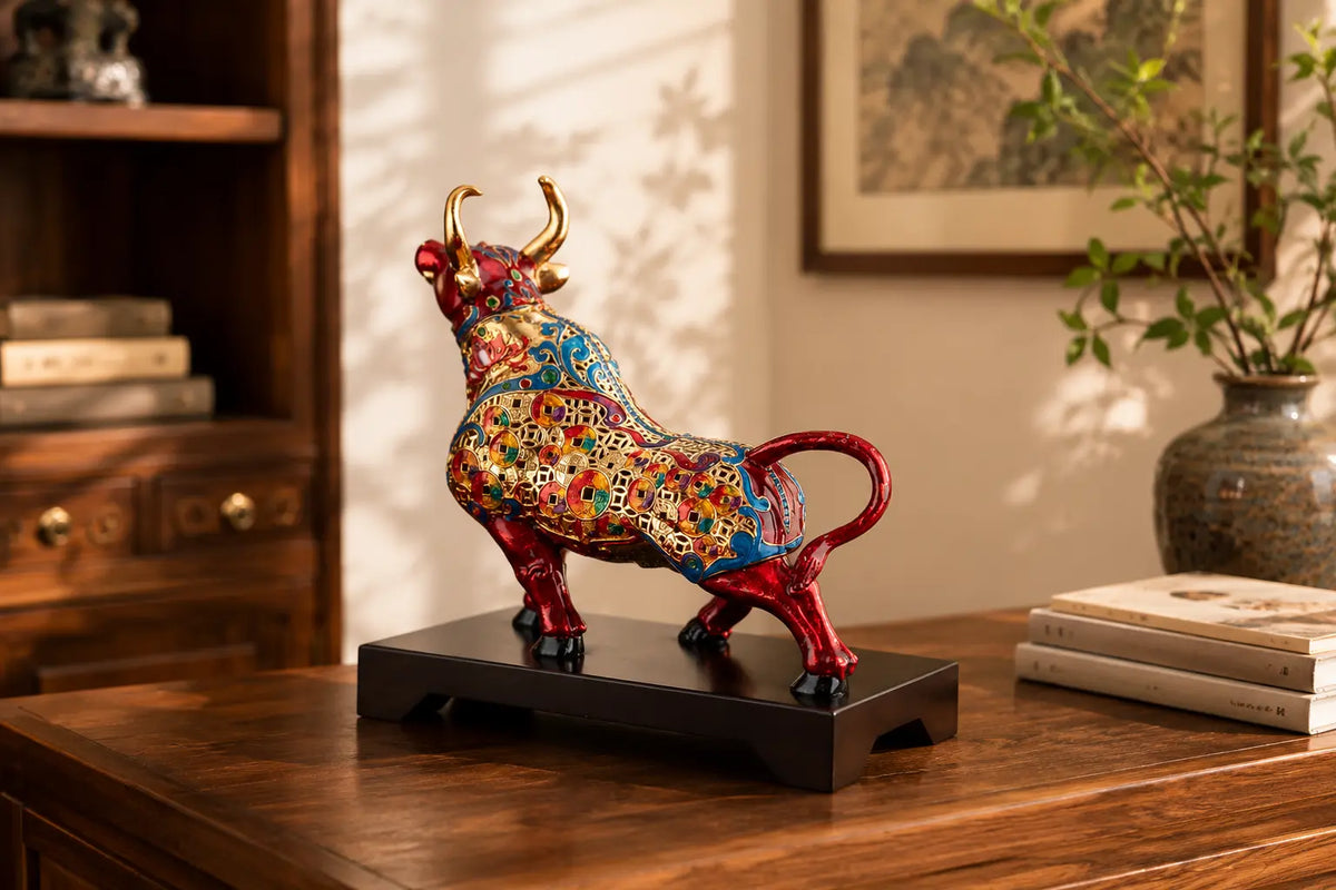 Chinese Zodiac Ox enamel sculpture displayed on a wooden table in a warm modern interior