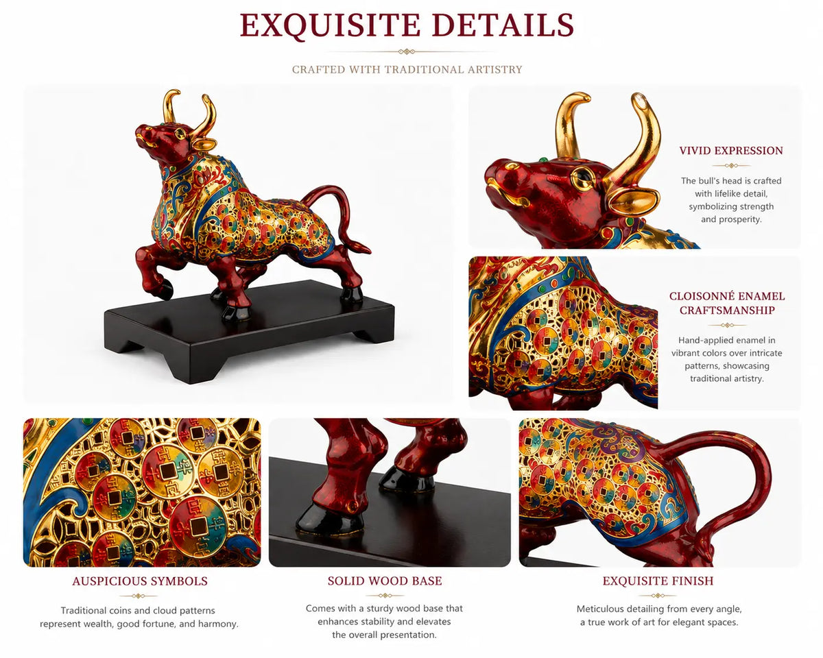 Detailed views of the red Ox sculpture, gold-toned coin patterns, blue enamel accents, tail, legs, and display base