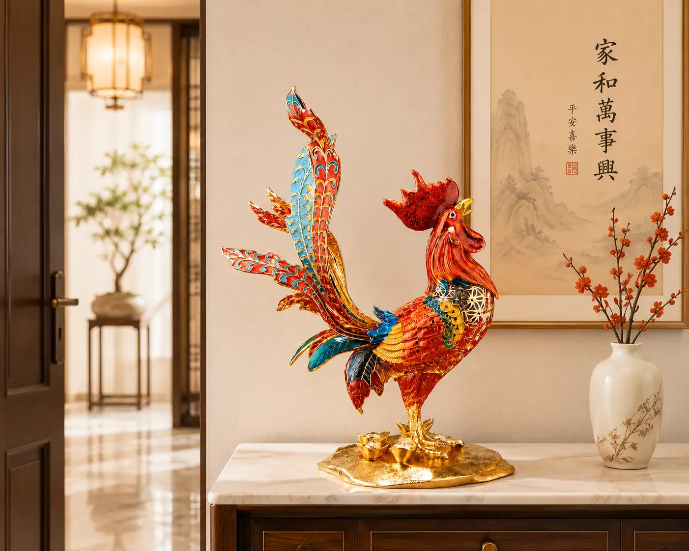 Cloisonné Enamel Chinese Zodiac Rooster Sculpture with Gold-Plated Base displayed in an elegant Eastern home entryway
