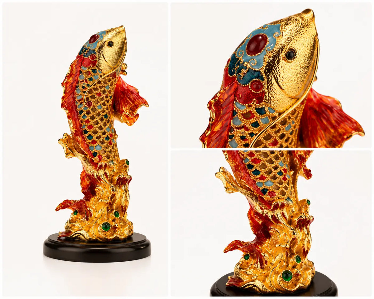 Close-up views of colorful enamel scales, flowing fins, textured surfaces and gold-toned details on the Koi Dragon Gate sculpture
