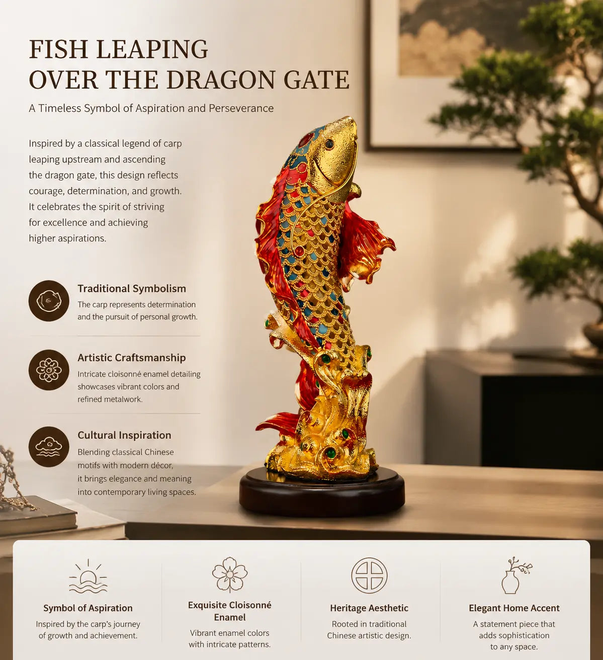 Koi Dragon Gate cloisonné enamel sculpture displayed in a modern interior with information about its cultural symbolism
