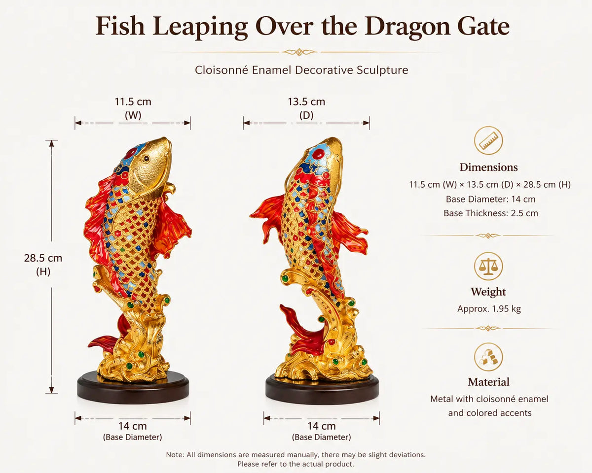 Koi fish leaping over the Dragon Gate cloisonné enamel sculpture dimensions and weight