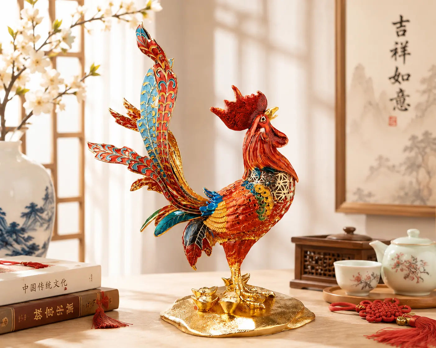 Cloisonné Enamel Chinese Zodiac Rooster Sculpture displayed in an elegant Eastern home interior