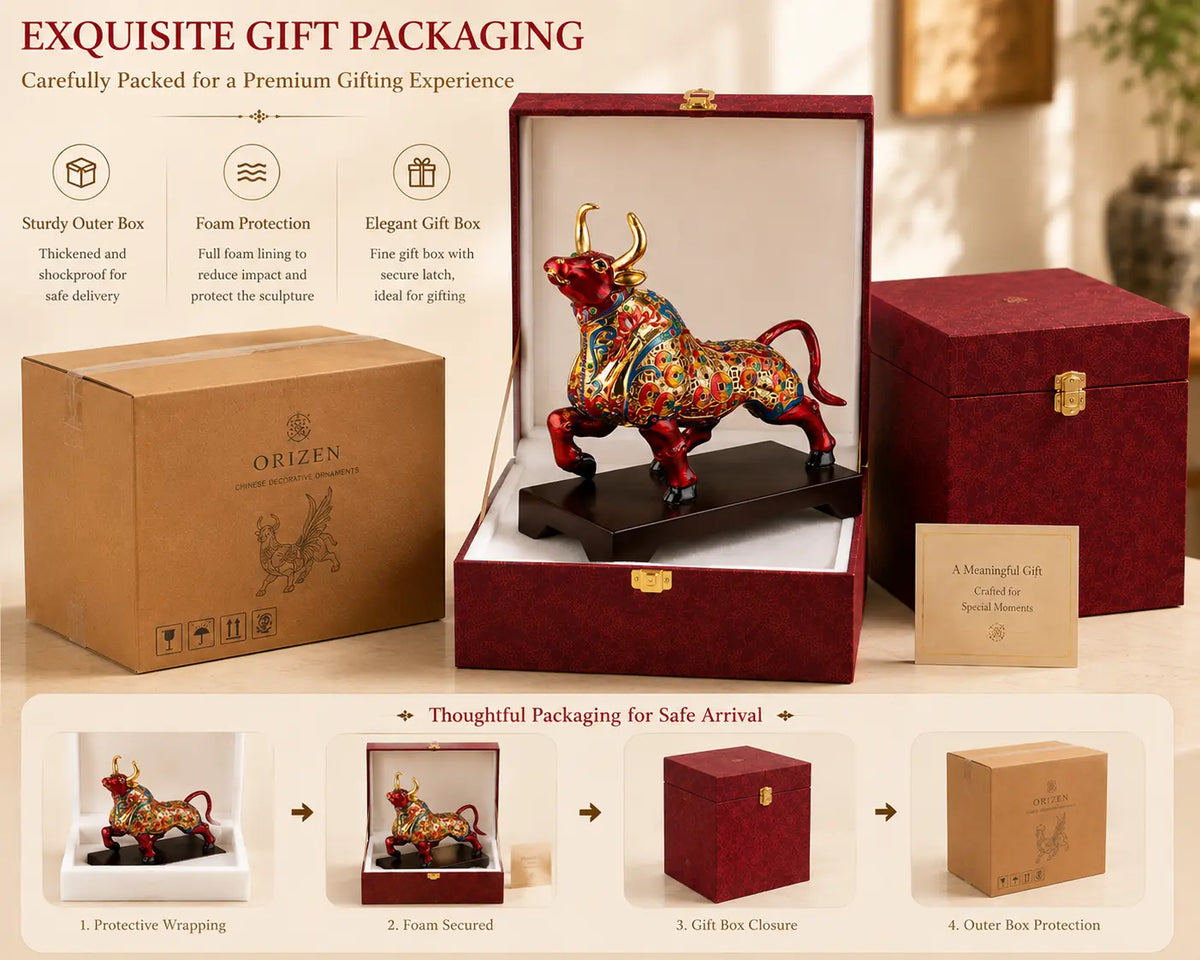 Chinese Zodiac Ox sculpture secured with protective foam inside a red gift box and outer shipping carton