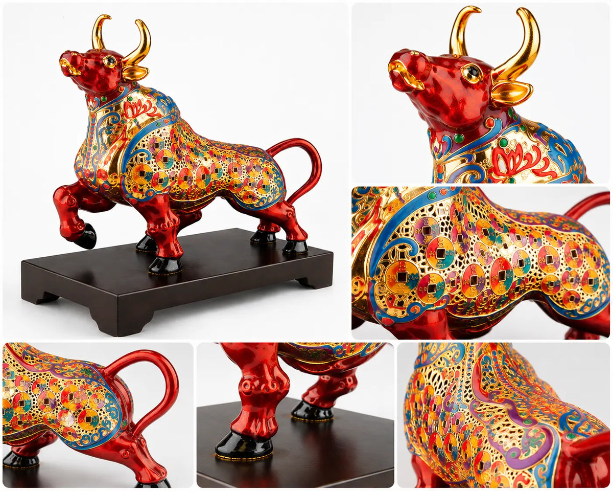 Close-up views of the Ox sculpture’s curved horns, colorful enamel patterns, coin motifs, hooves, and dark display base