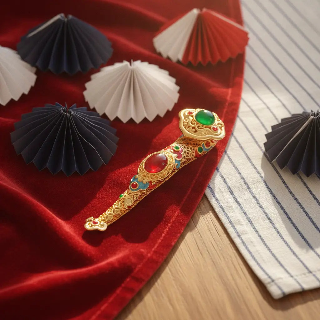ORIZEN Chinese Ruyi Scepter displayed on red velvet with decorative paper fans – traditional Chinese lucky ornament