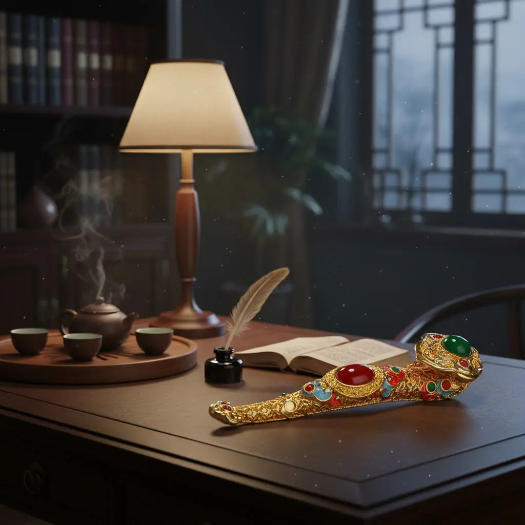 ORIZEN Chinese Ruyi Scepter resting on a wooden desk in an elegant study room with lamp, open book, and ink pen – traditional Chinese lucky decor