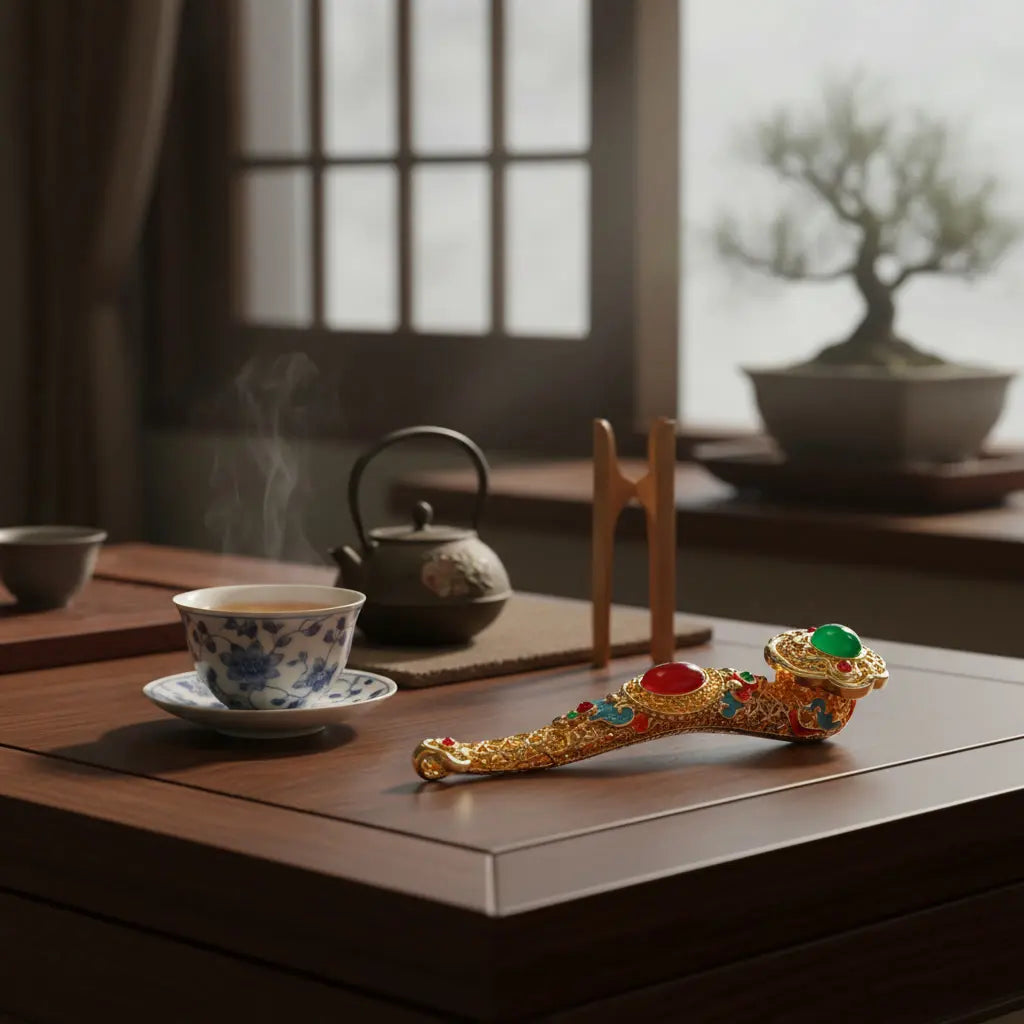 ORIZEN Chinese Ruyi Scepter placed on a wooden tea table in a traditional Chinese teahouse setting with bonsai and teacup
