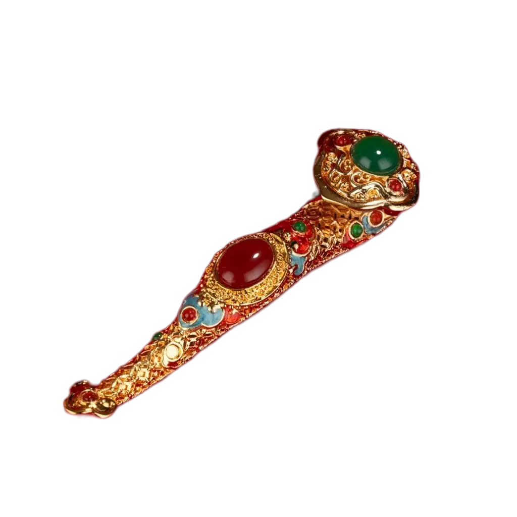 ORIZEN Chinese Ruyi Scepter – Tianguan lucky ornament with cloisonné enamel and gemstone detailing on gold metalwork