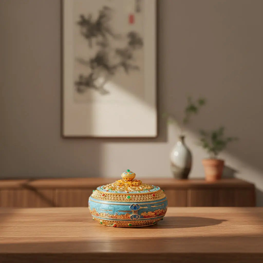 Cloisonné enamel ashtray displayed on wooden desk with Chinese ink painting backdrop, lifestyle home decor setting