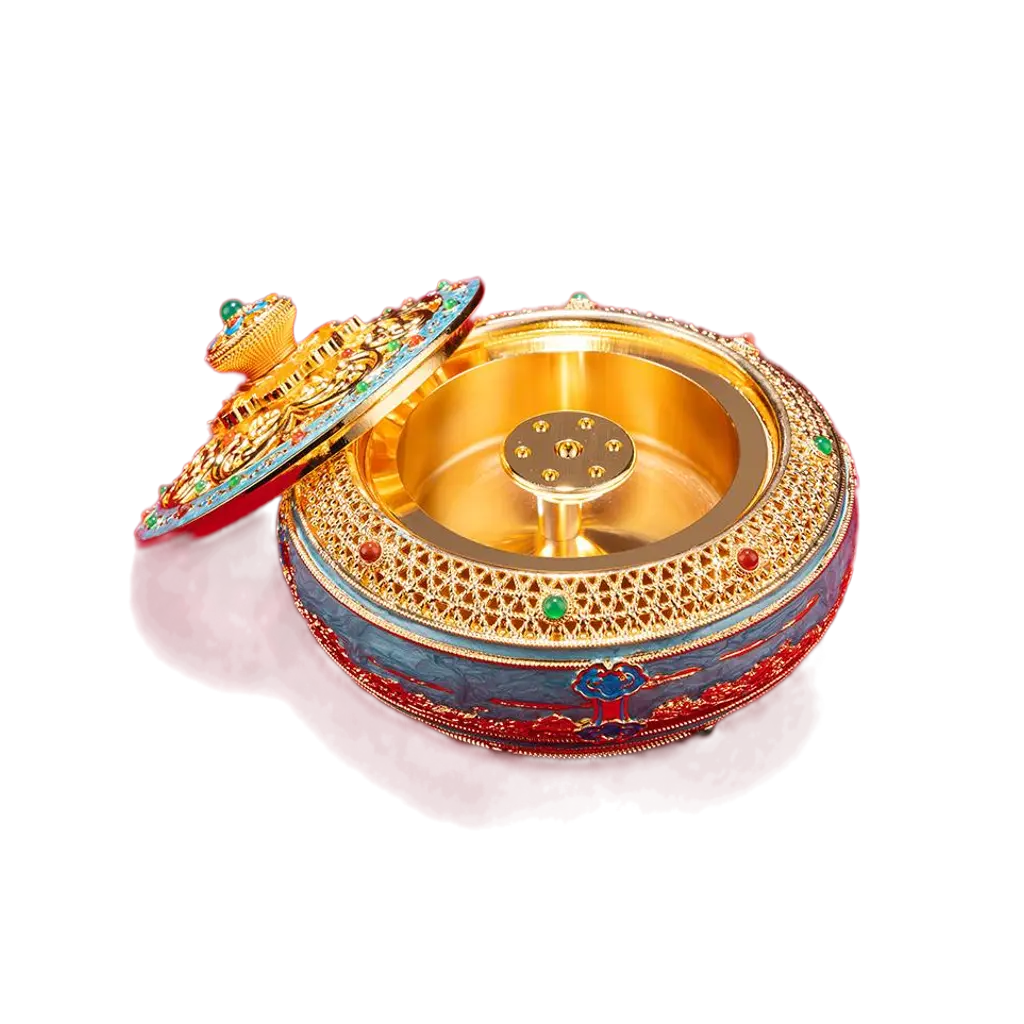 Cloisonné enamel ashtray with gold filigree lid, turquoise and red accents, open view showing interior