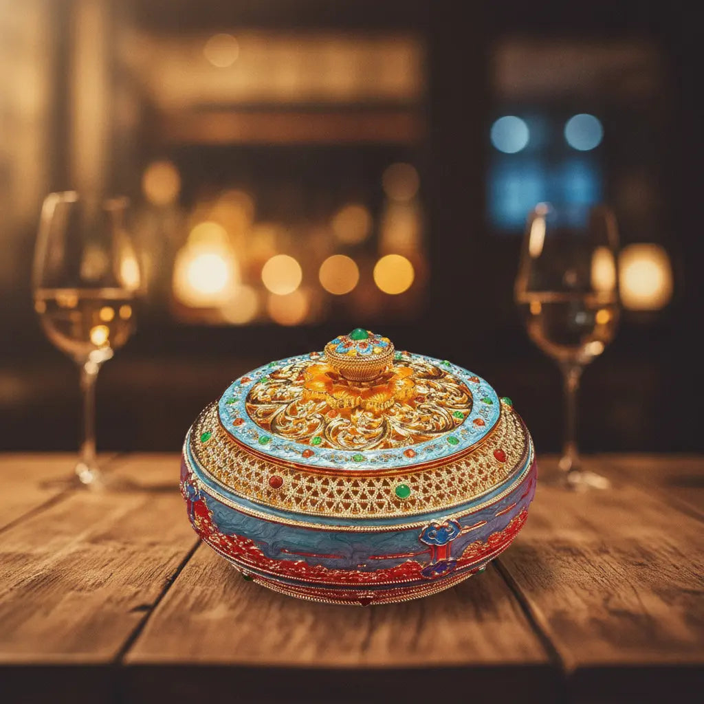 Cloisonné enamel ashtray with gold filigree lid on wooden table, warm candlelight and wine glass in background, luxury home decor