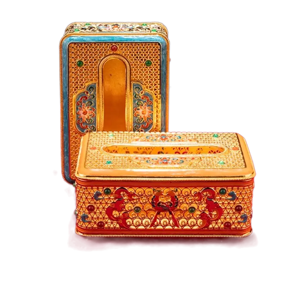 Cloisonné enamel tissue box with lid open, showing gold interior and intricate red floral enamel patterns – ORIZEN luxury home decor