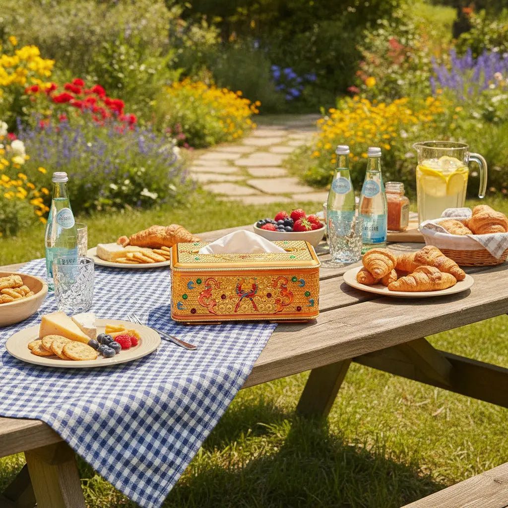 Cloisonné enamel tissue box styled on outdoor picnic table with garden setting – ORIZEN decorative home accessory