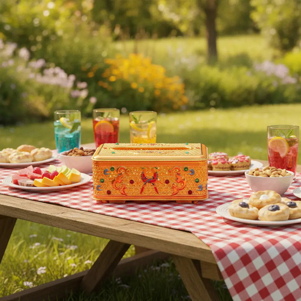 Cloisonné enamel tissue box on red checkered picnic table in garden – ORIZEN Chinese art home decor