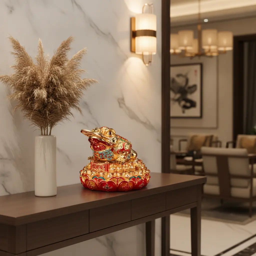 Golden Money Toad Lotus Wealth Statue displayed on entryway console table in modern Chinese interior – feng shui Jin Chan wealth figurine for home decor