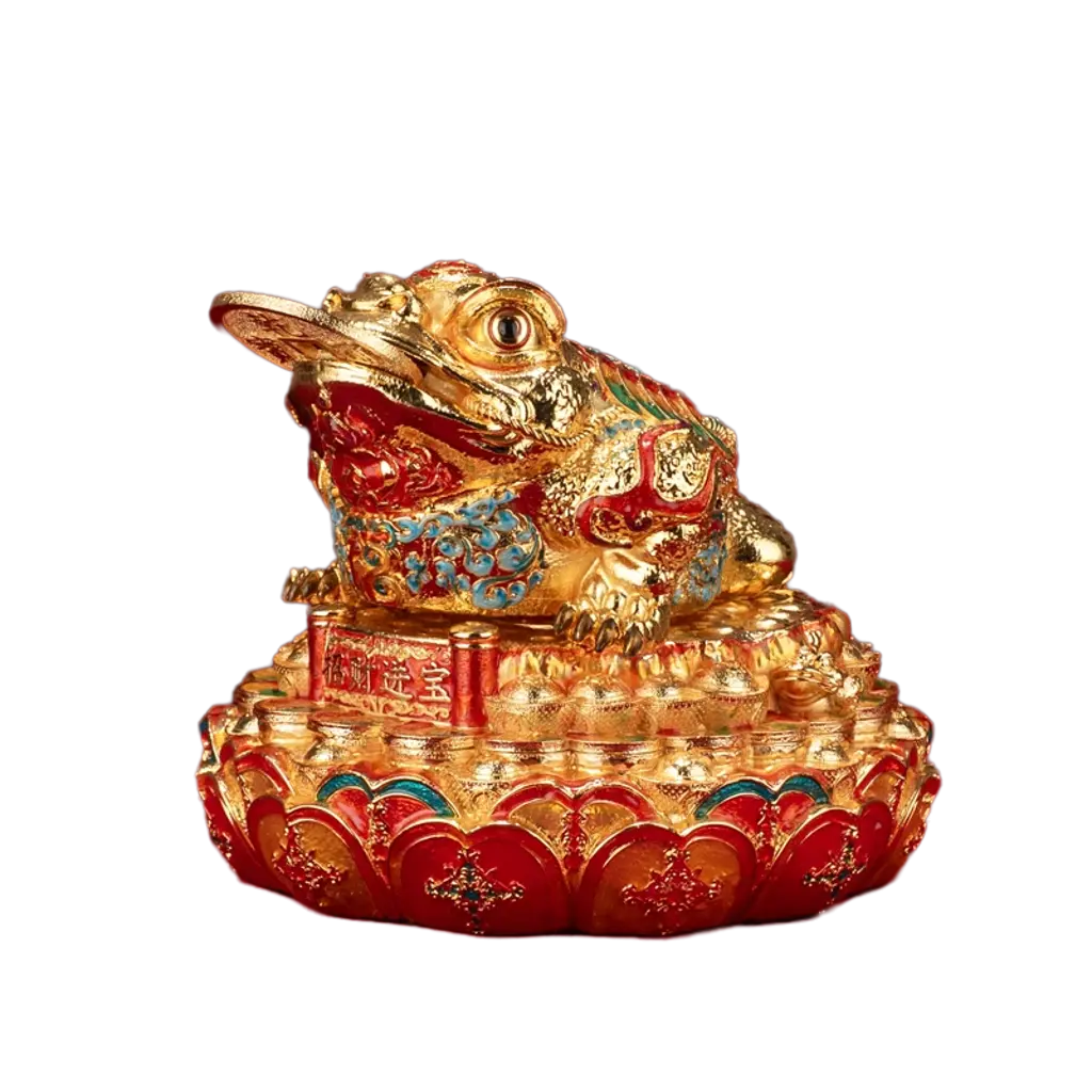 Golden Money Toad Lotus Wealth Statue – Chinese feng shui Jin Chan three-legged toad figurine in cloisonné enamel and gold on transparent background