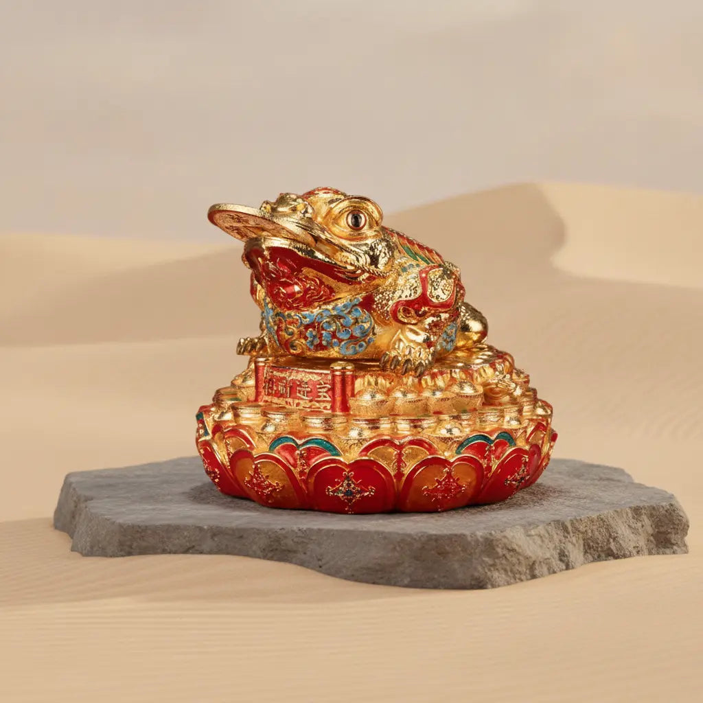 Golden Money Toad Lotus Wealth Statue on stone pedestal with desert backdrop – Chinese feng shui Jin Chan cloisonné enamel figurine product shot