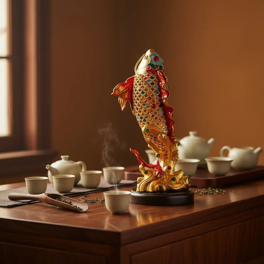 Koi Fish Leaping Dragon Gate Wealth Statue on wooden table in Chinese tea room with white porcelain tea set and warm amber light – feng shui cloisonné figurine for office and home decor
