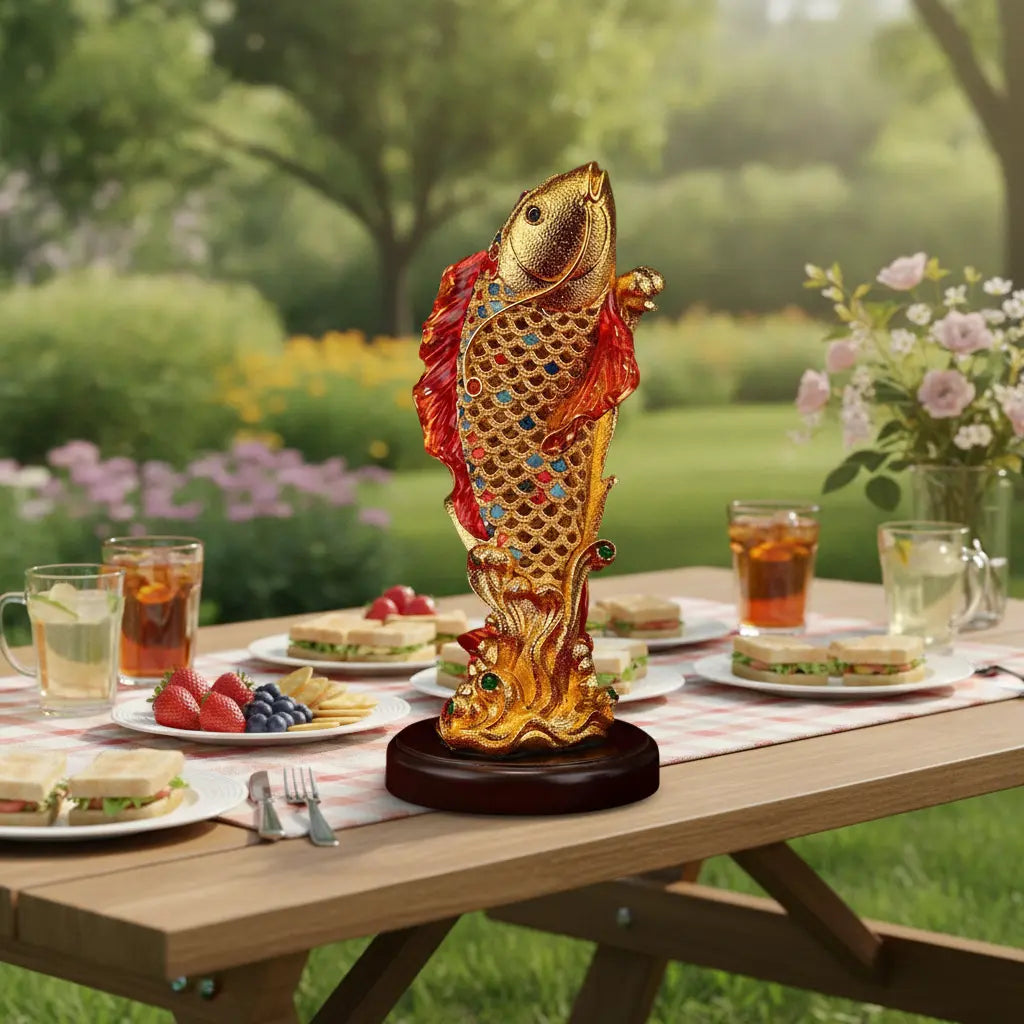 Koi Fish Leaping Dragon Gate Wealth Statue on outdoor garden table with tea and flowers – Chinese feng shui figurine as luxury home decor gift