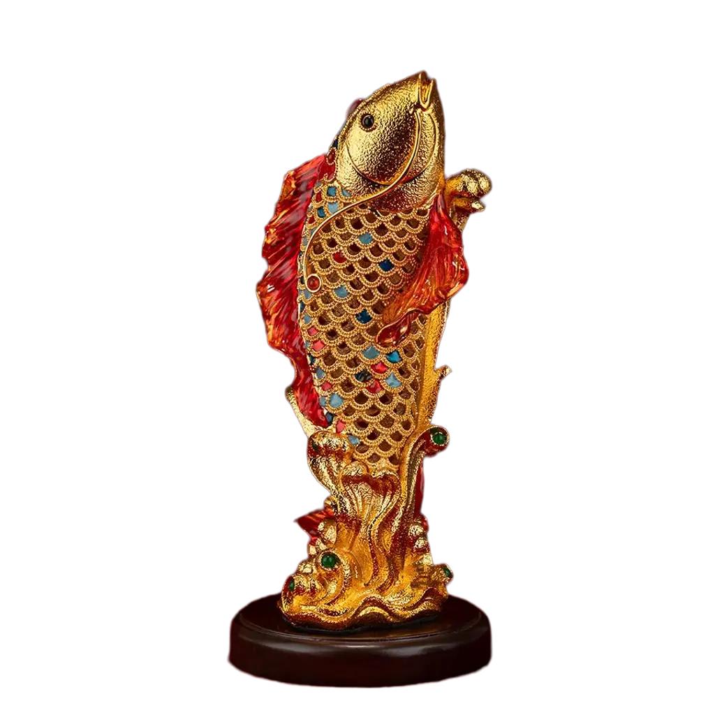 Koi Fish Leaping Dragon Gate Wealth Statue – Chinese feng shui figurine in cloisonné enamel and gold on wooden base, transparent background