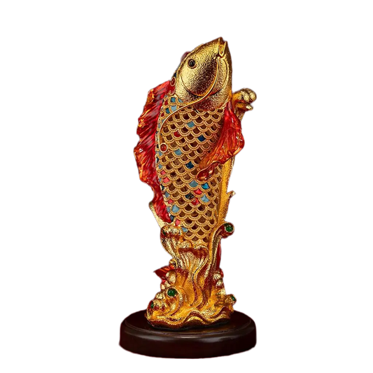 Koi Fish Leaping Dragon Gate Wealth Statue – Chinese feng shui figurine in cloisonné enamel and gold on wooden base, transparent background