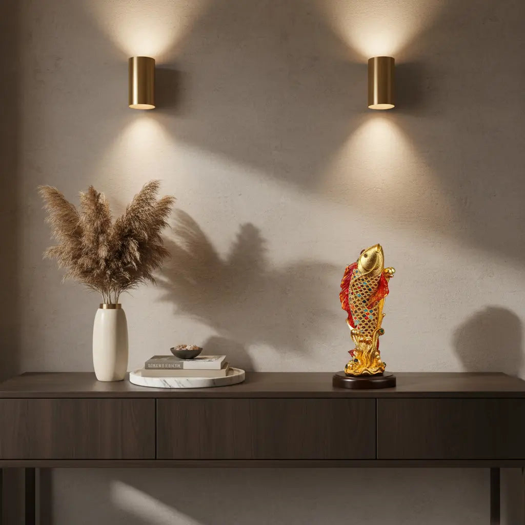 Koi Fish Leaping Dragon Gate Wealth Statue on sideboard in modern minimalist living room with warm wall lights – Chinese feng shui figurine for luxury home decor