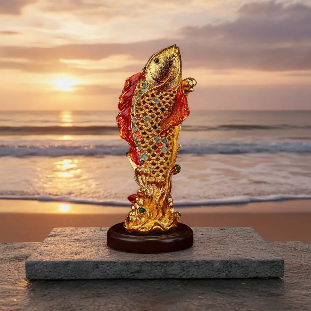 Koi Fish Leaping Dragon Gate Wealth Statue on marble pedestal with golden sunset beach backdrop – Chinese feng shui cloisonné enamel figurine symbolizing ambition and success