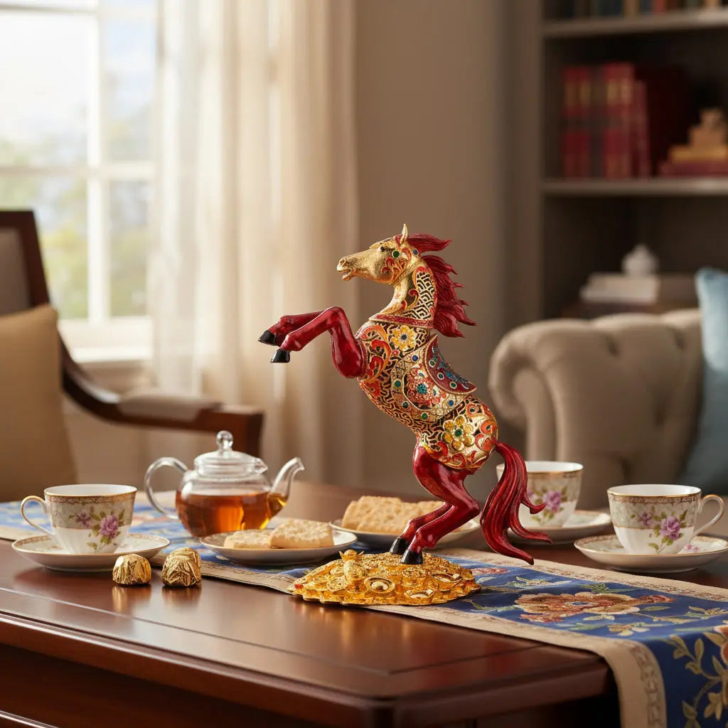 Lucky Horse Wealth Statue on dining table with tea set – Chinese feng shui decorative figurine as luxury home gift