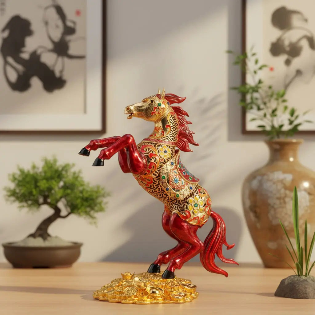 Lucky Horse Wealth Statue in traditional Chinese study setting with ink paintings and bonsai – feng shui wealth figurine for office decor