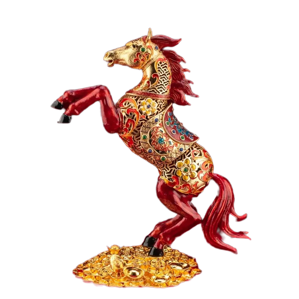 Lucky Horse Wealth Statue – rearing red and gold cloisonné enamel metal horse figurine on transparent background
