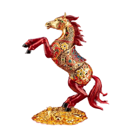 Lucky Horse Wealth Statue – rearing red and gold cloisonné enamel metal horse figurine on transparent background