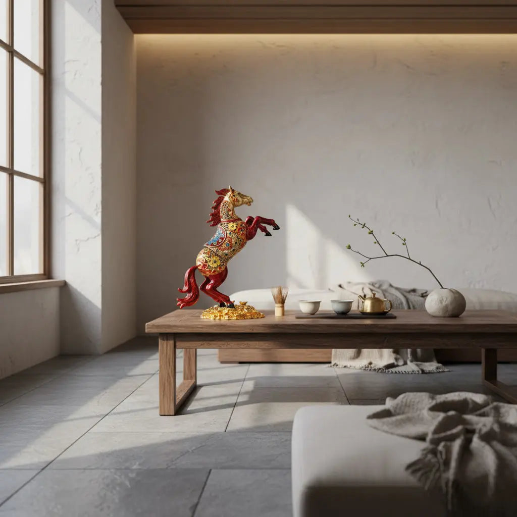 Lucky Horse Wealth Statue displayed on wooden table in minimalist Zen interior – Chinese feng shui home decor