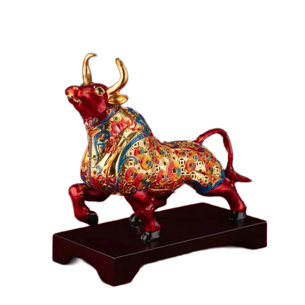 Prosperity Bull cloisonné enamel gold alloy sculpture on wooden base – Chinese home decor figurine