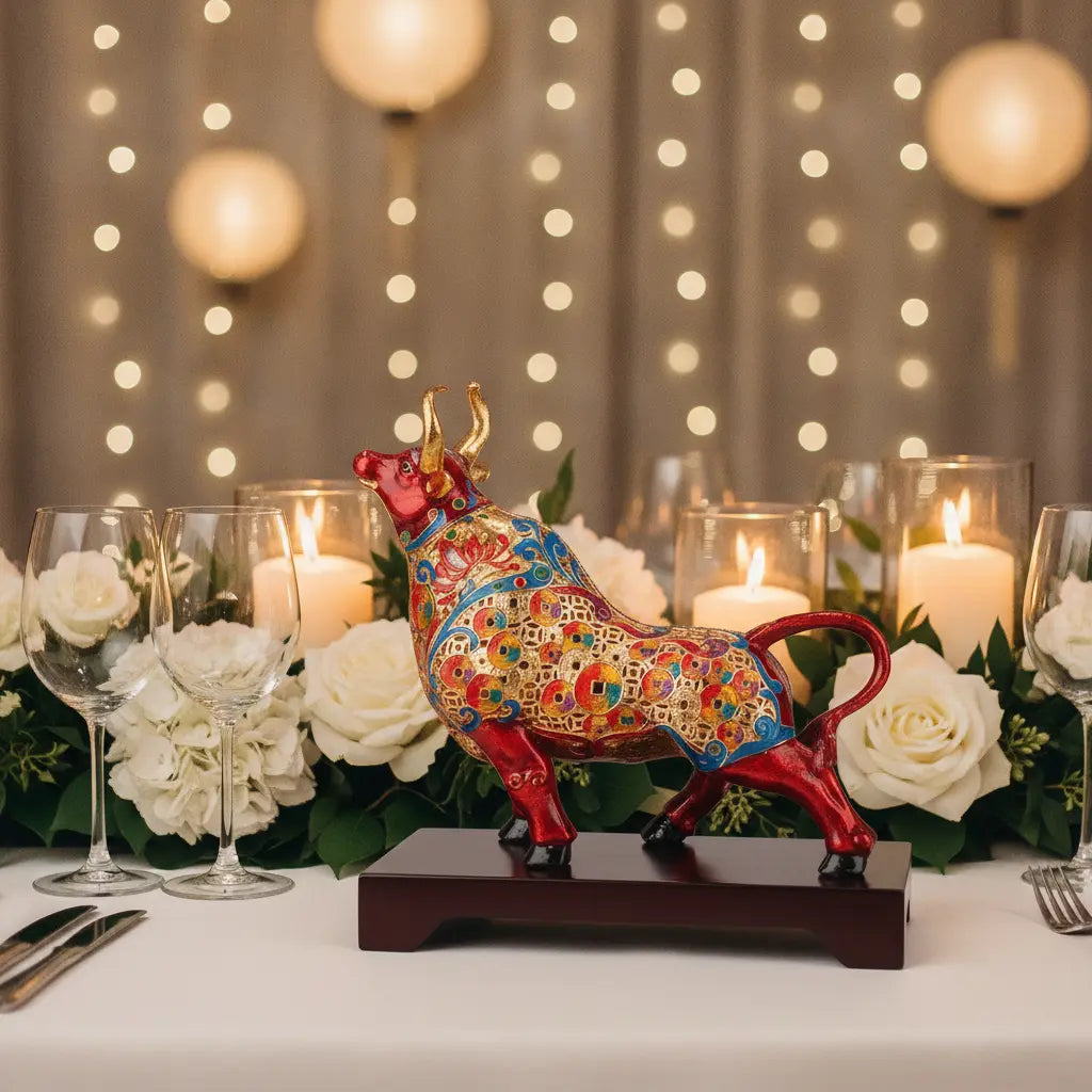 Prosperity Bull cloisonné sculpture displayed on elegant dining table with roses and candles – luxury home decor gift