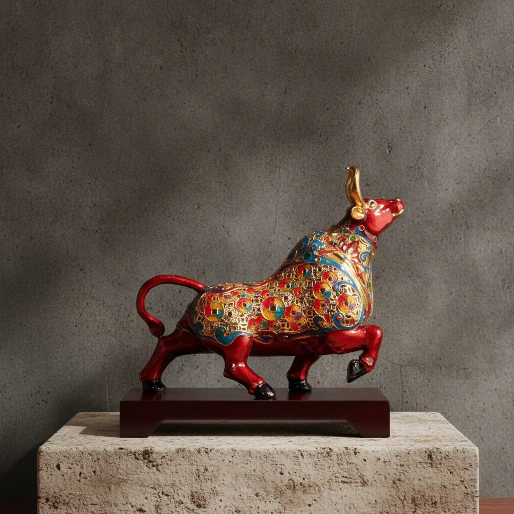 Prosperity Bull cloisonné enamel alloy sculpture on stone pedestal – Chinese feng shui home decor figurine
