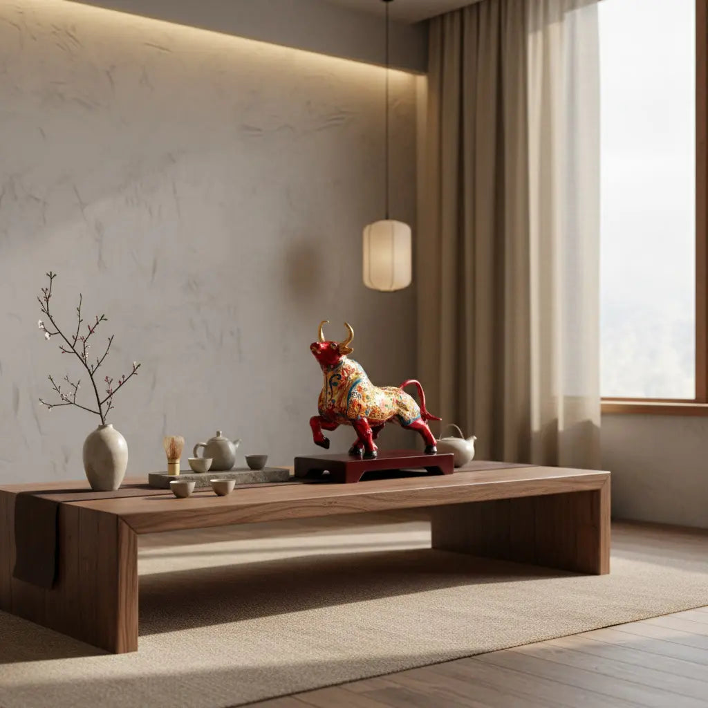 Prosperity Bull cloisonné sculpture displayed on wooden coffee table in minimalist Japanese-style living room – feng shui home decor